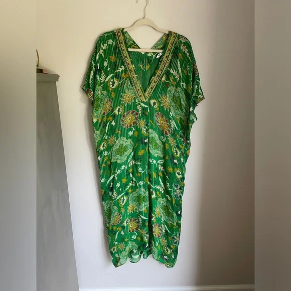 ZARA Printed Shimmery Midi Kaftan Dress in Kelly Green Women’s Size Medium NWT - Picture 2 of 13